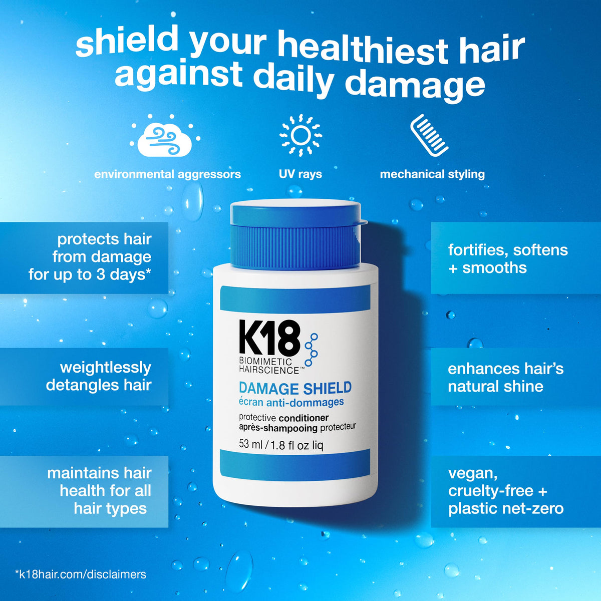 K18 conditioner being applied to wet hair in hand, helps detangle and protect during styling