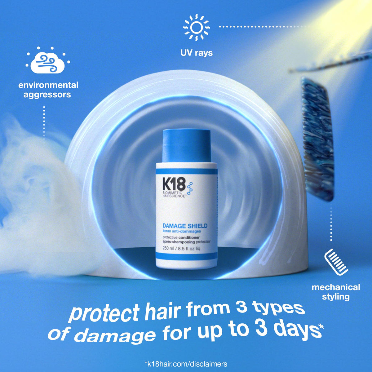 K18 conditioner being applied to damp hair by stylist, demonstrating protective use