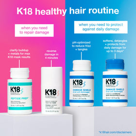 K18 1.8 fl oz in hand for scale, travel-friendly protective shampoo