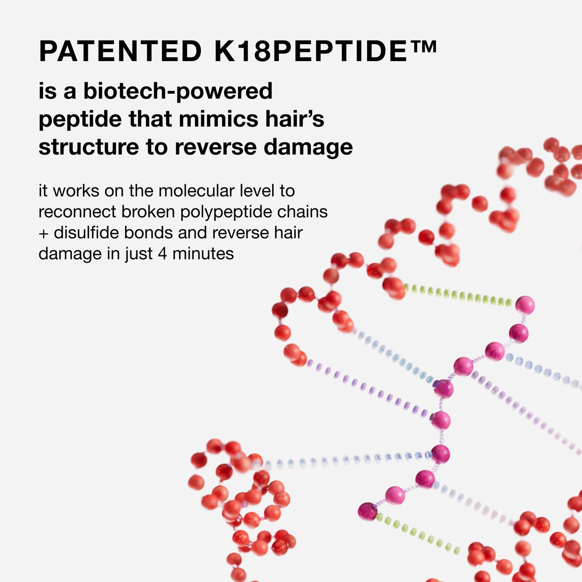 K18 label closeup with ingredient emphasis explaining peptide technology benefit