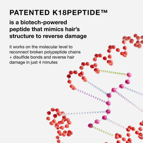 K18 label closeup with ingredient emphasis explaining peptide technology benefit