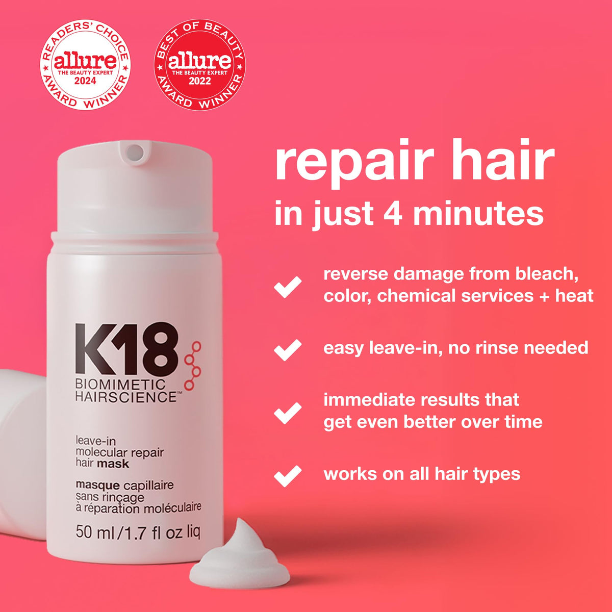 K18 cream texture on hand, demonstrates lightweight absorption benefit