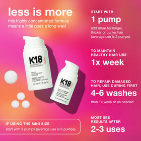 K18 bottle next to hand showing 1.7 fl oz size for scale and travel-friendly convenience
