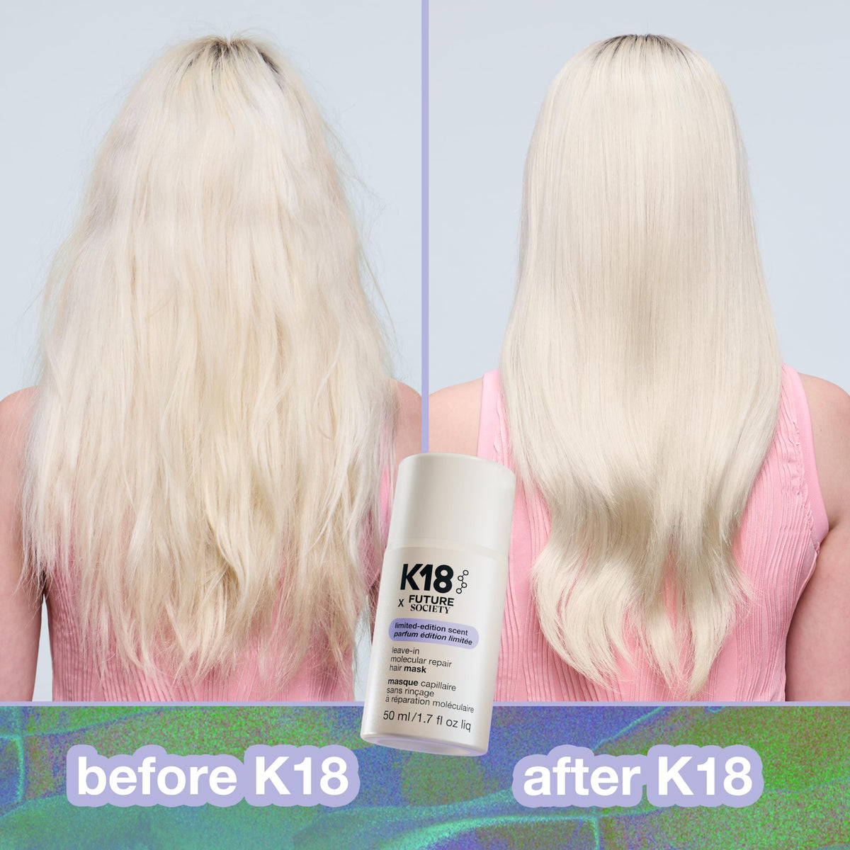 K18 1.7 fl oz bottle next to a hand showing compact travel-friendly size