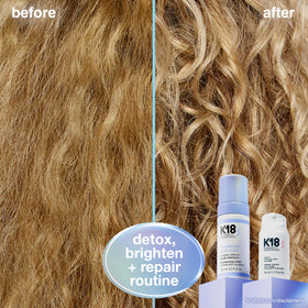 K18 foam being applied to wet hair for even mineral removal