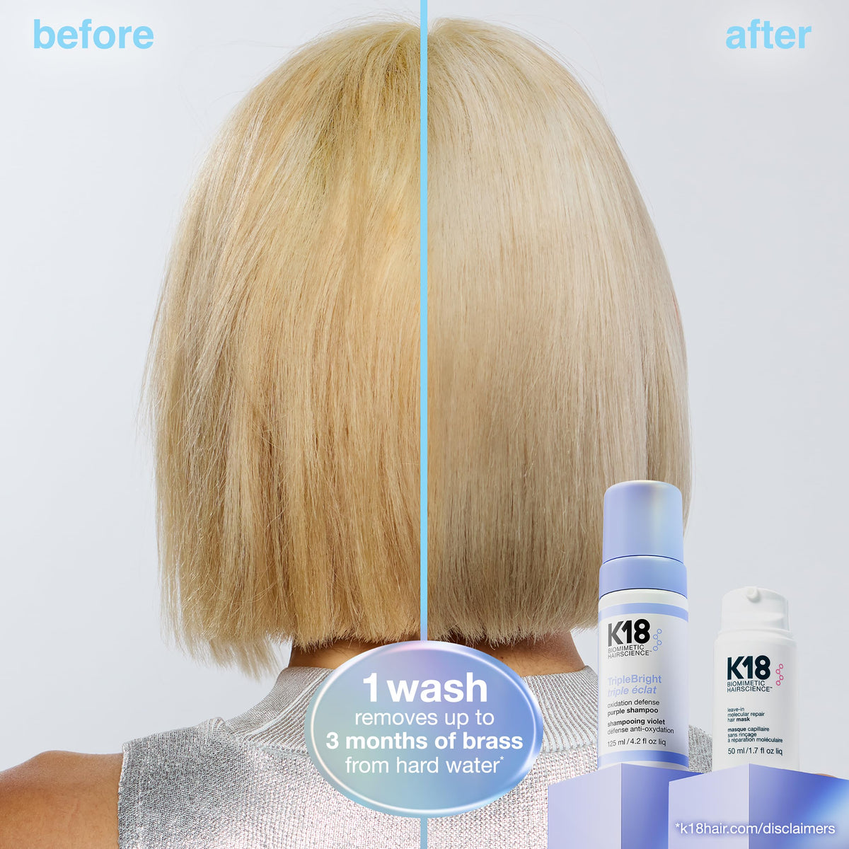 K18 before and after comparison showing reduced brassiness