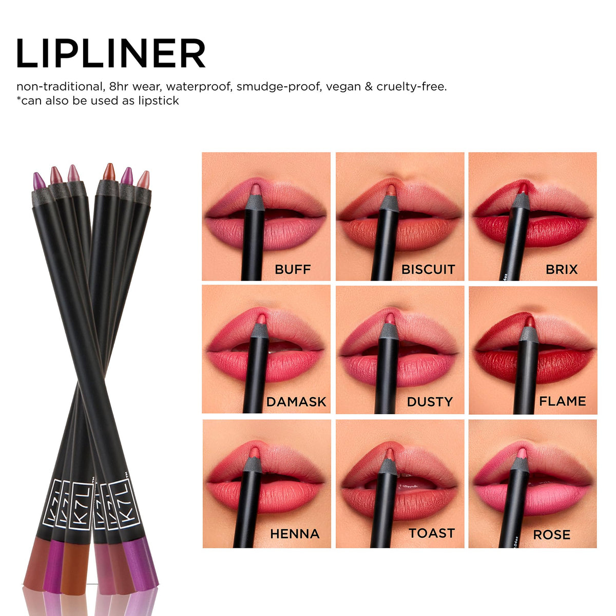 K7L lip crayon applied on model lips demonstrating even, waterproof finish