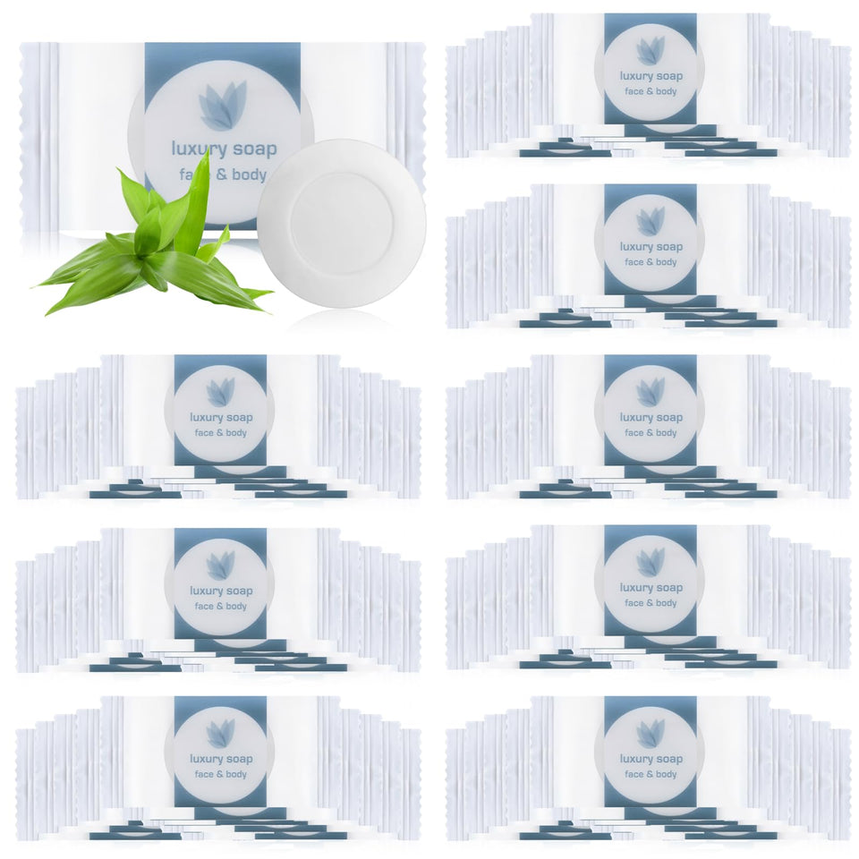 Kacctyen front packaging showing 600 wrapped mini bar soaps, convenient bulk supply