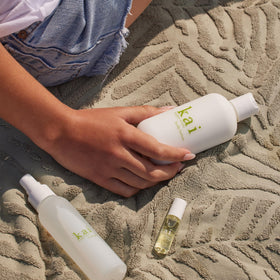 kai pump and label detail highlighting fragrance and vegan claims