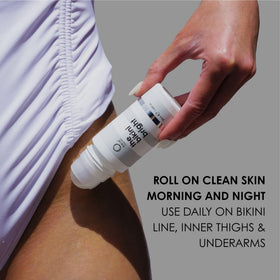 Kaia Naturals product in use on bikini line to calm redness and dark spots