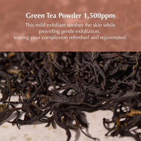KAINE finely ground green tea flakes detail, emphasizes natural soothing