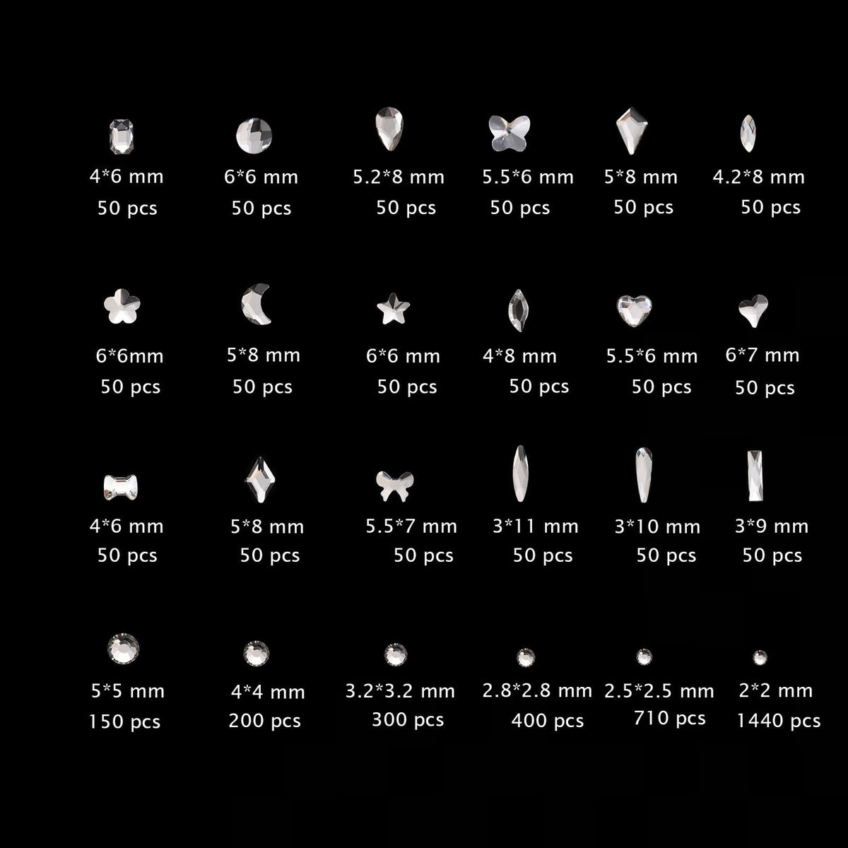 Kaipheiquan flatback rounds displayed by size with scale, for correct sizing choices