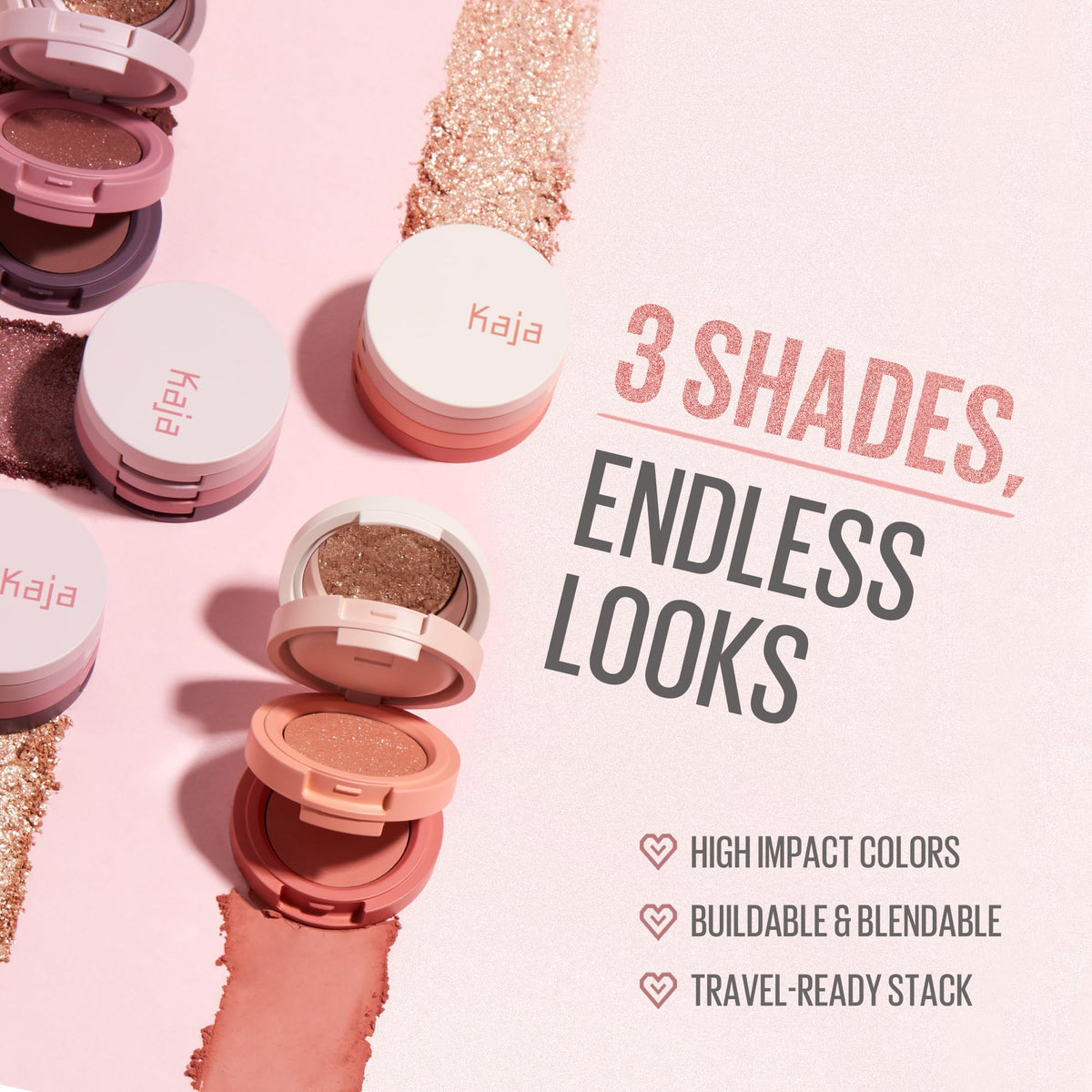 Kaja shimmer reflective swatch on lid demonstrating luminous peach glow