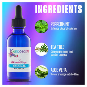 Kaleidoscope bottle next to hand illustrating 2oz size and travel-friendly benefit