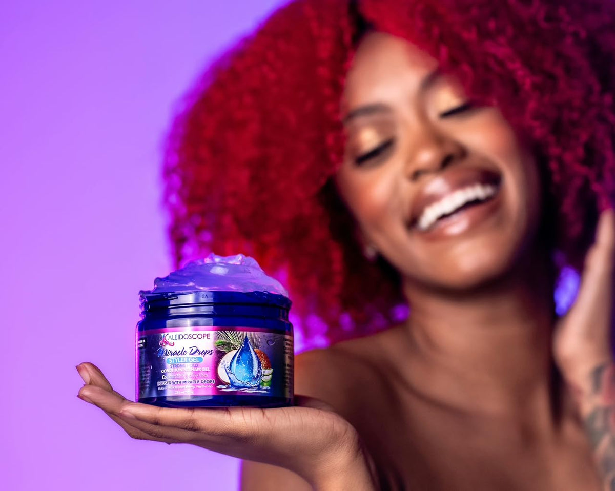 Kaleidoscope applying gel to damp hair for frizz control and shine