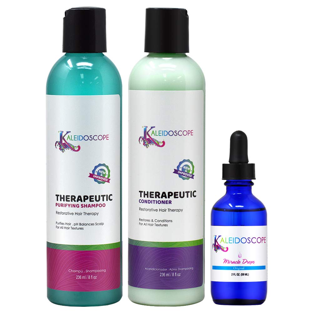 Kaleidoscope therapeutic trio front packaging showing bottle and dropper for nourishing results