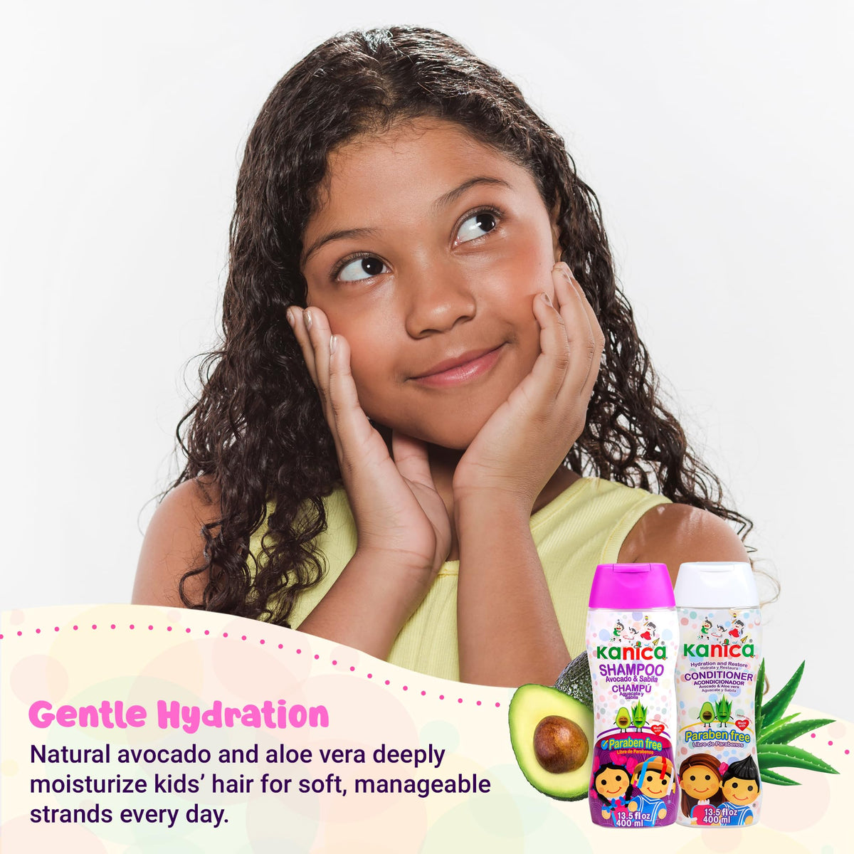 KANICA bottle label closeup highlighting avocado and aloe benefits