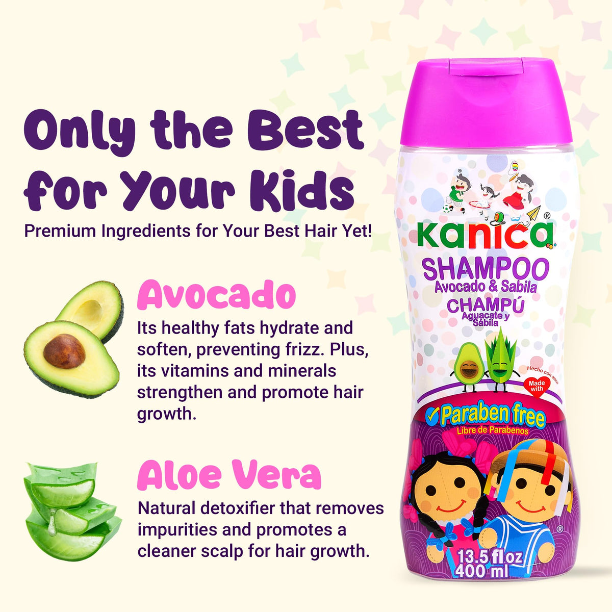 KANICA bottle close-up of label highlighting avocado and aloe benefits