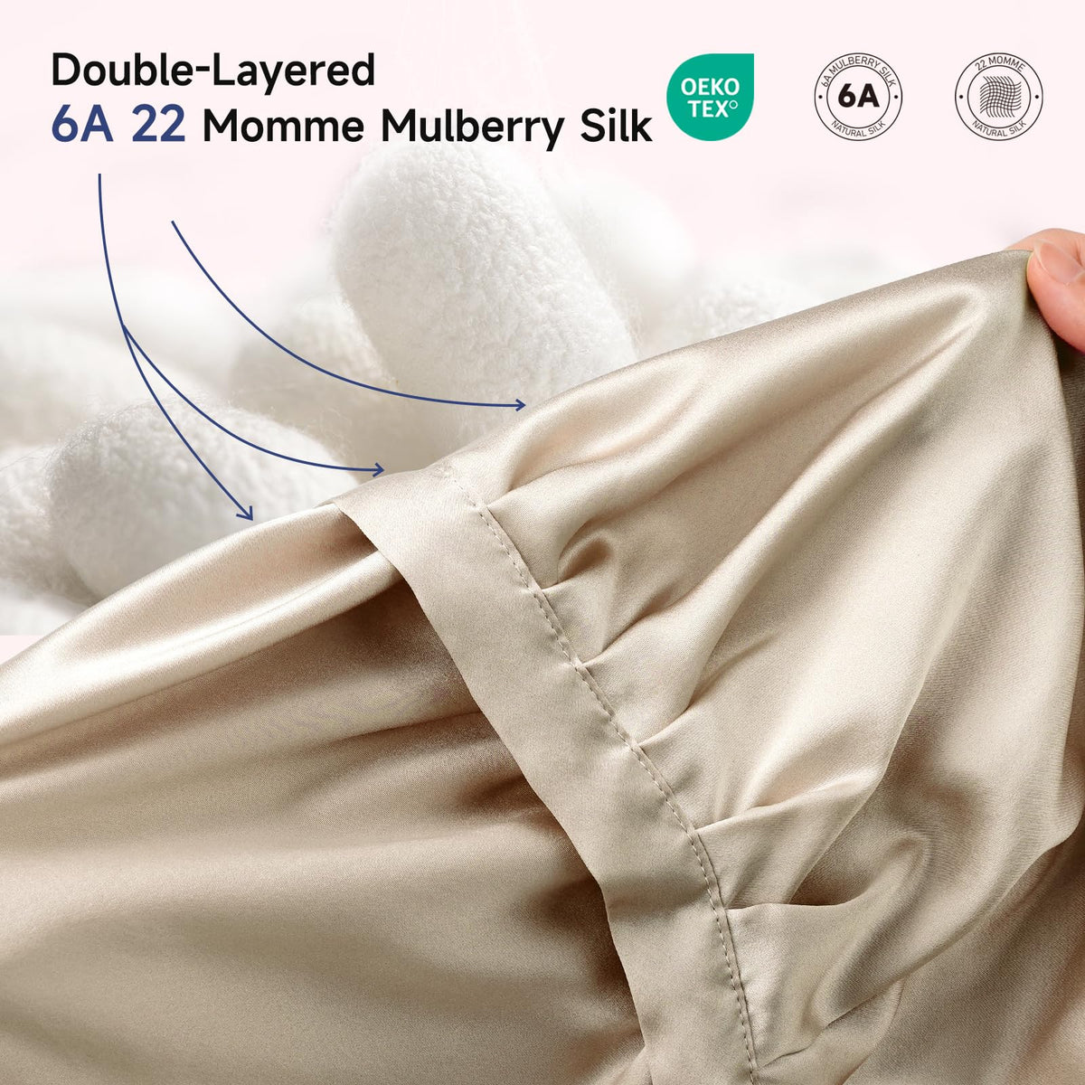 Kaome close-up silk weave showing smooth 22-momme texture to reduce friction