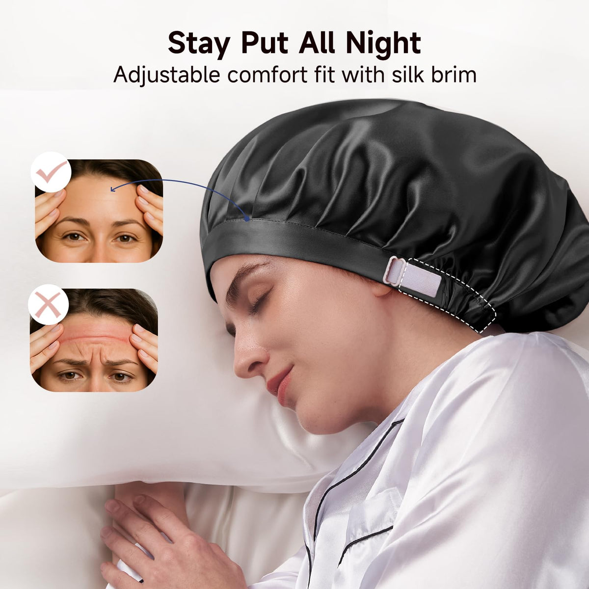 Kaome bonnet on model showing 13-inch diameter fitting voluminous hair