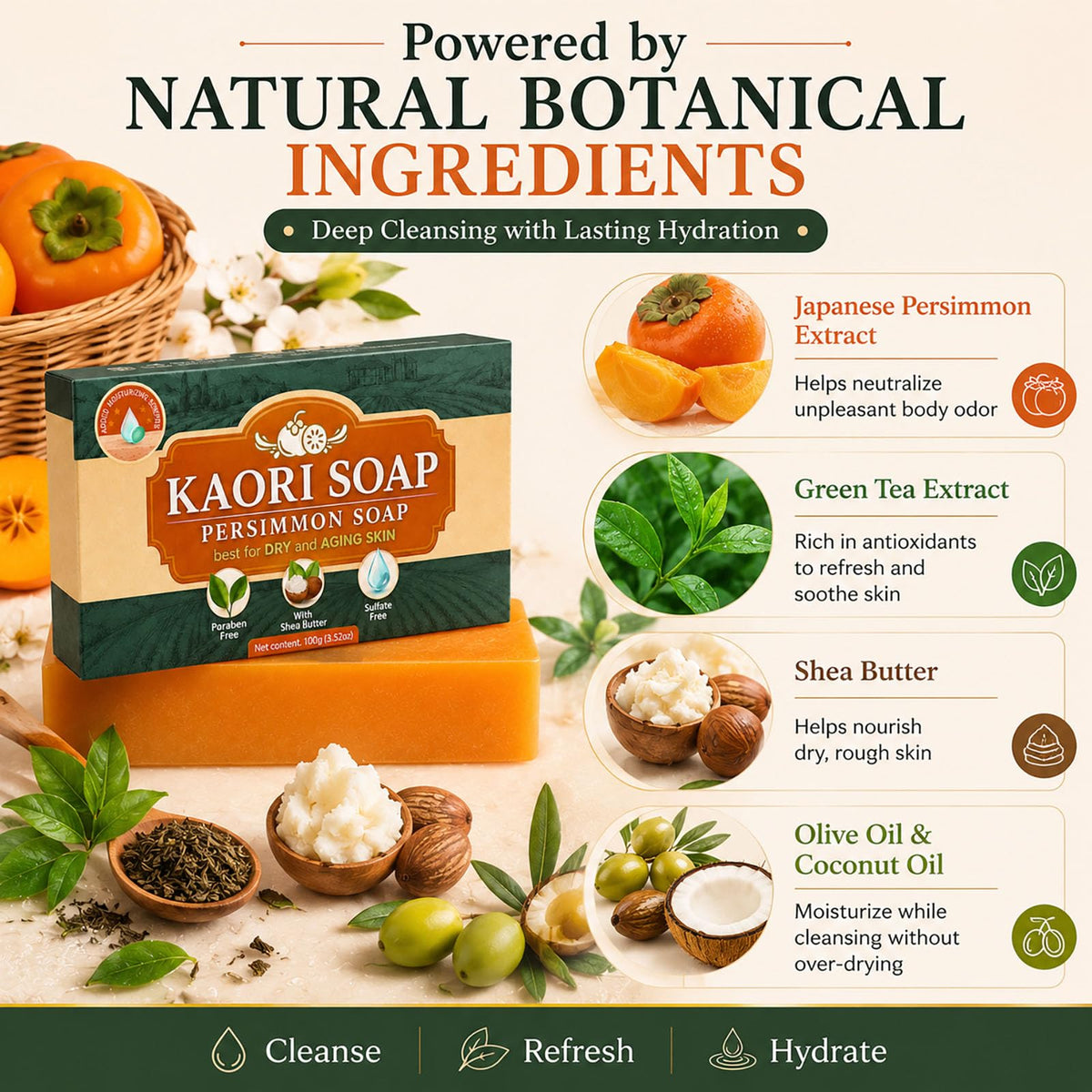Kaori Soap ingredients flatlay with persimmon and green tea benefits