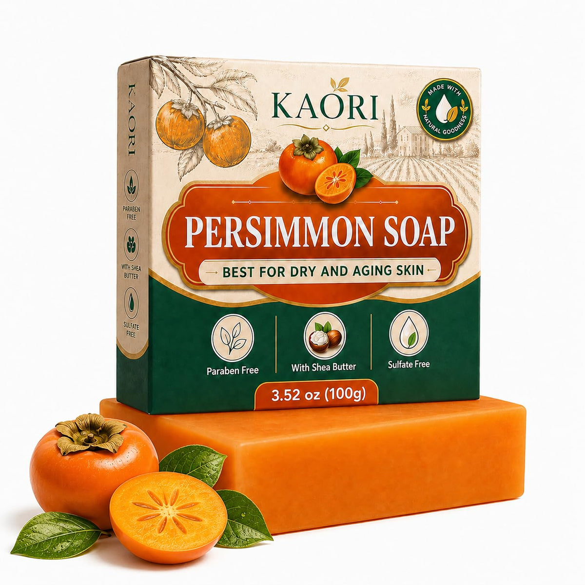 Kaori persimmon soap front packaging showing bar and benefits for fresh skin