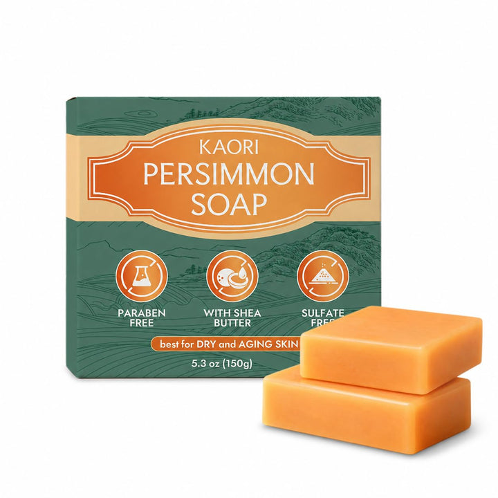 Kaori persimmon soap front packaging shows two bars and benefits