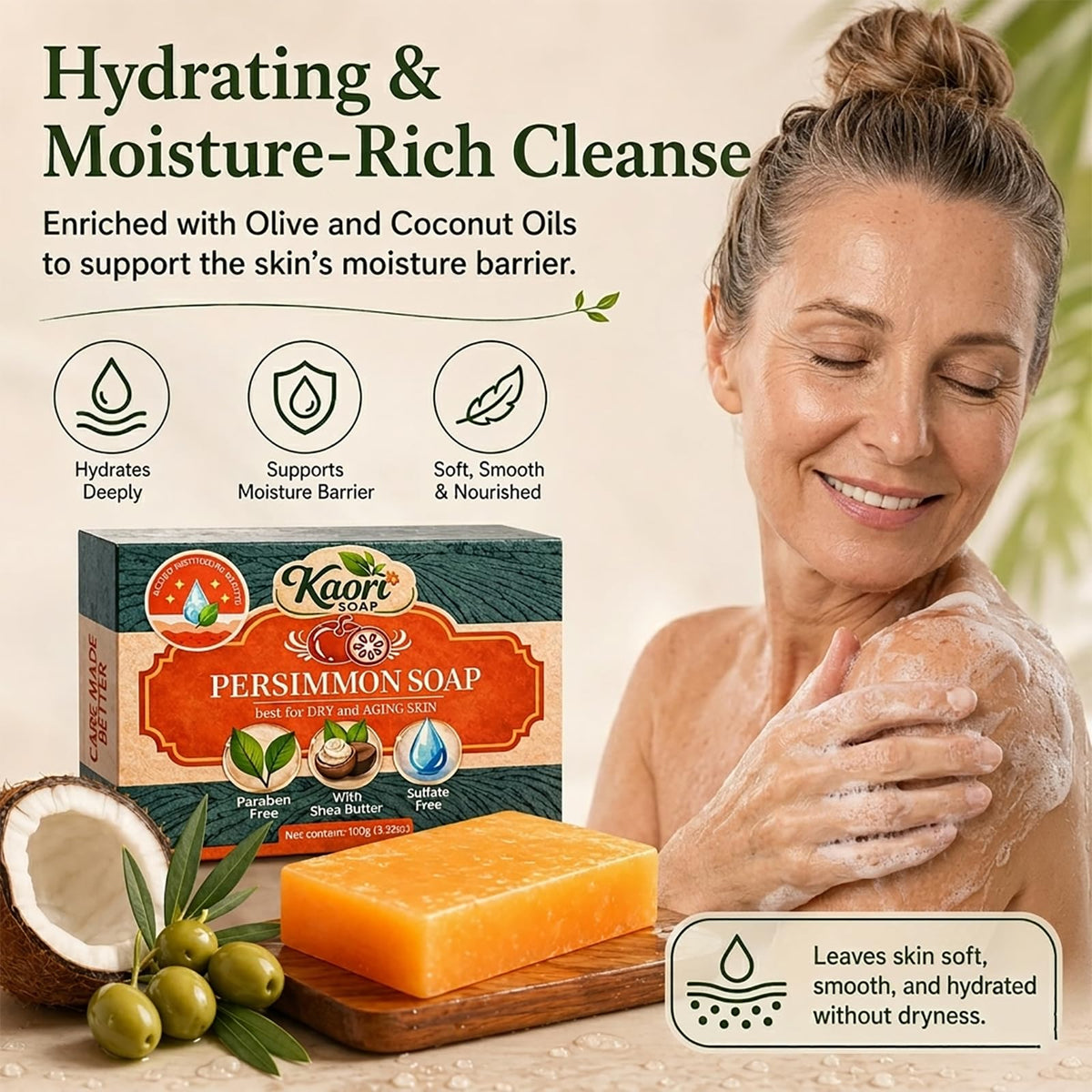 Kaori Soap displayed in a bathroom setting suggesting daily routine freshness