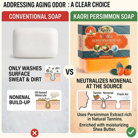 Kaori Soap being used on the neck to show targeted freshening for mature skin