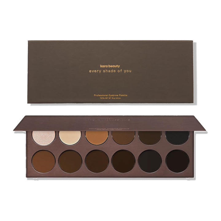 Kara Beauty brow palette front view showing full 16-shade selection and compact