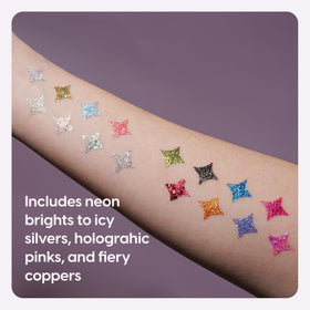 Kara Beauty swatch comparison of fine versus chunky glitter demonstrating layered effects