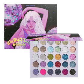 Kara Beauty palette front view showing 30 vibrant glitter shades and travel-friendly design