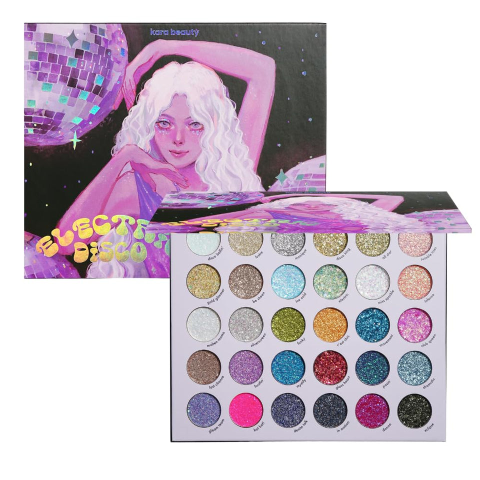 Kara Beauty palette front view showing 30 vibrant glitter shades and travel-friendly design