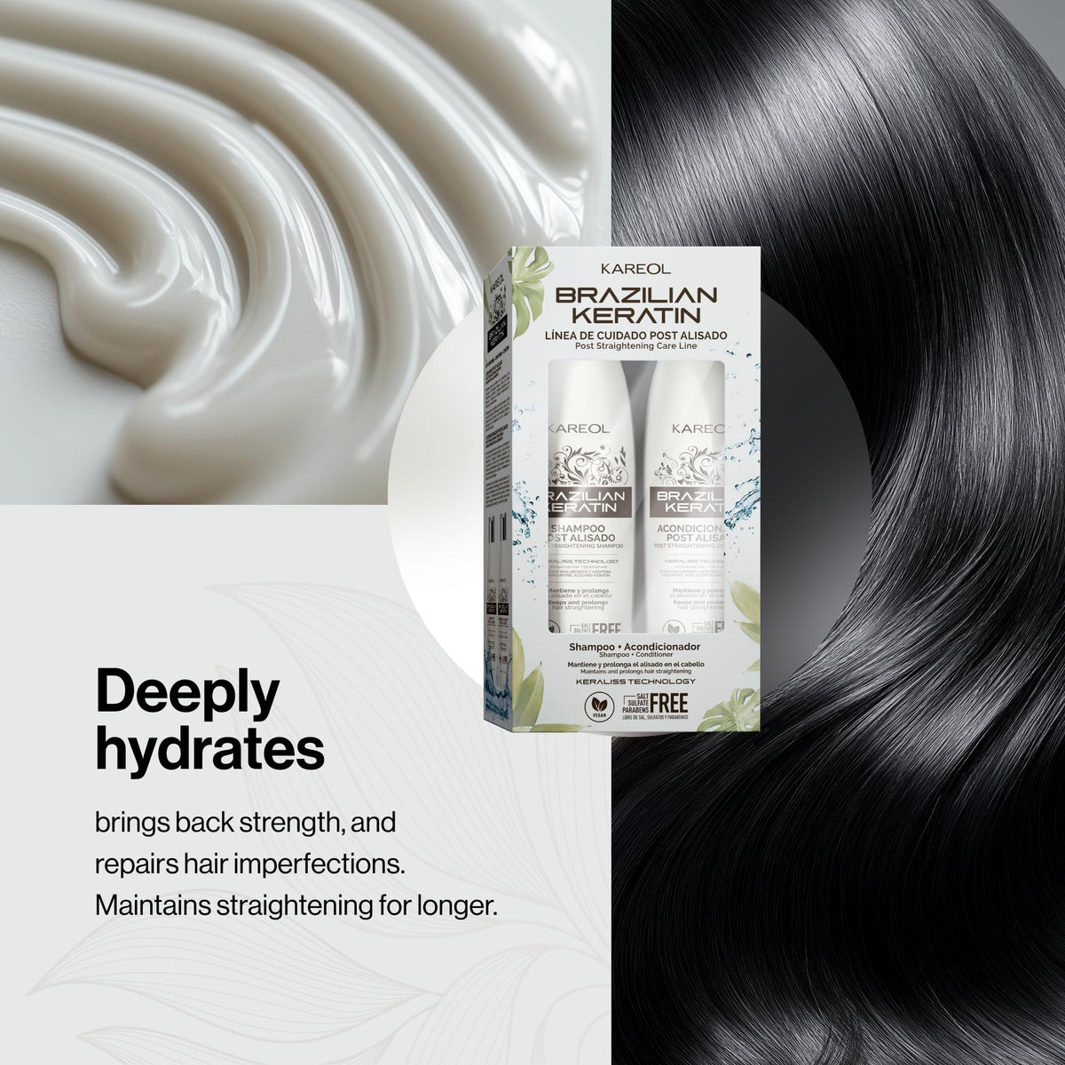 Kareol conditioner in-hair application showing smoothing and frizz control benefit