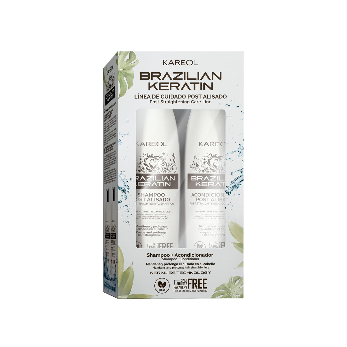 Kareol front packaging kit showing both shampoo and conditioner and professional results