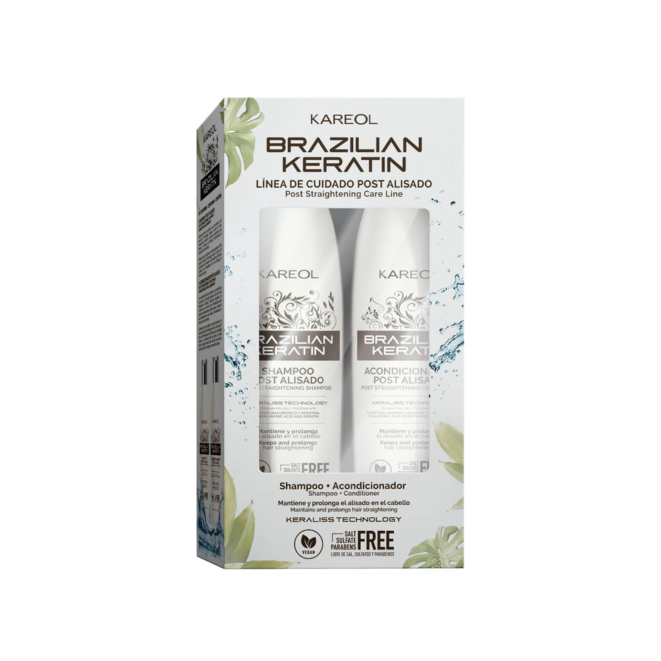 Kareol front packaging kit showing both shampoo and conditioner and professional results
