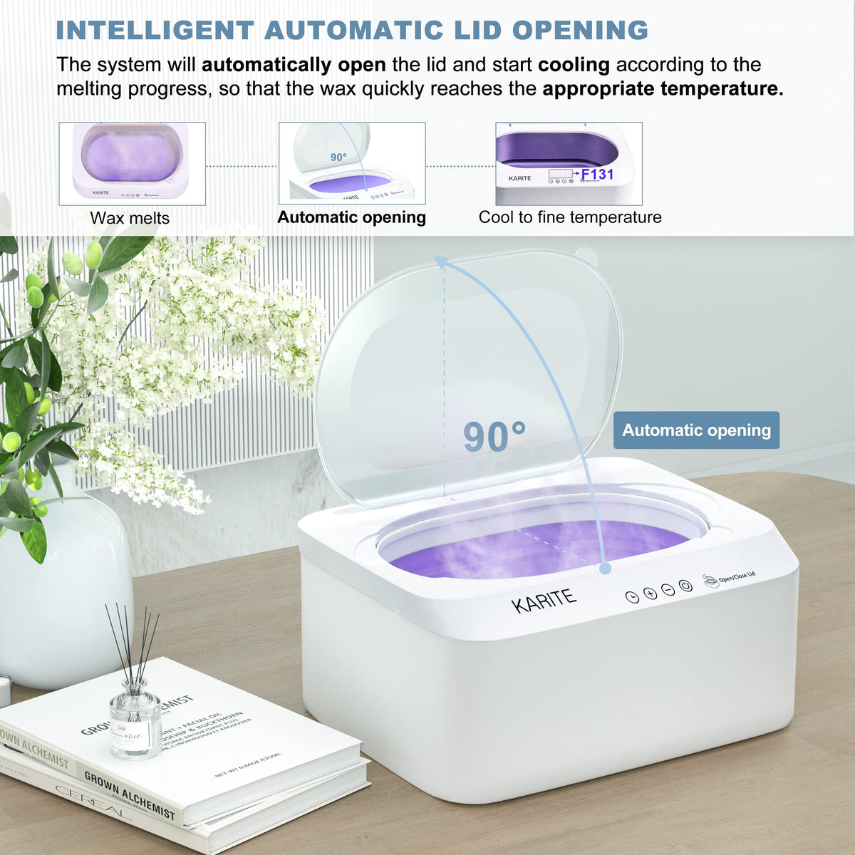 Karite auto open lid action revealing ready wax quickly and safely