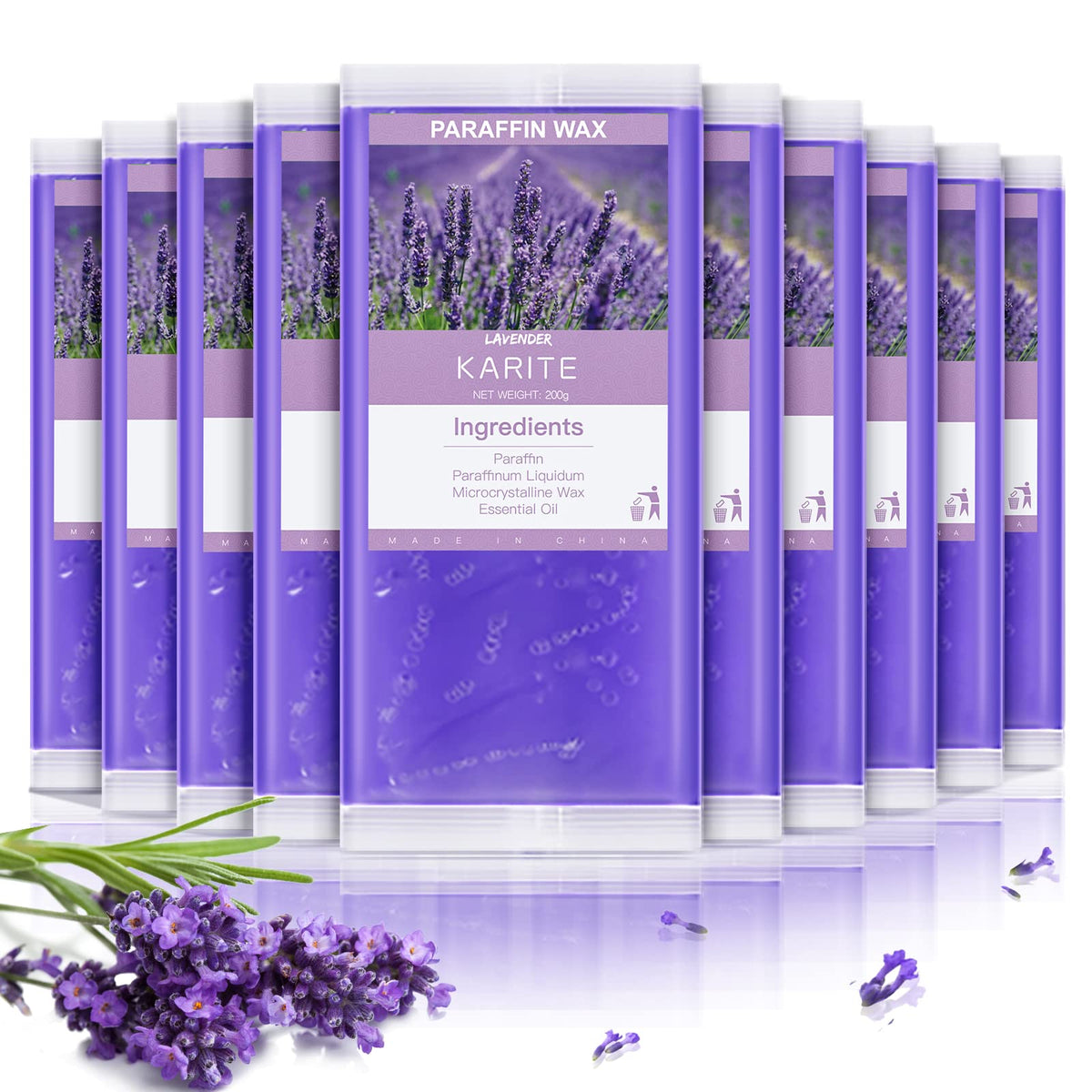 karite front packaging showing 10-pack lavender paraffin for convenience