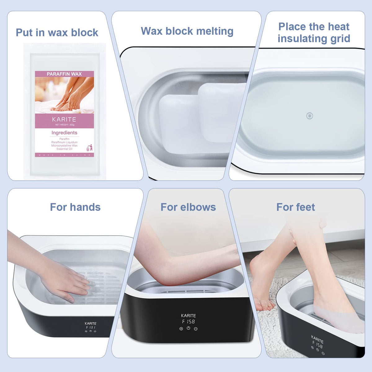 karite hand dip treatment showing warm paraffin use and moisturizing benefit