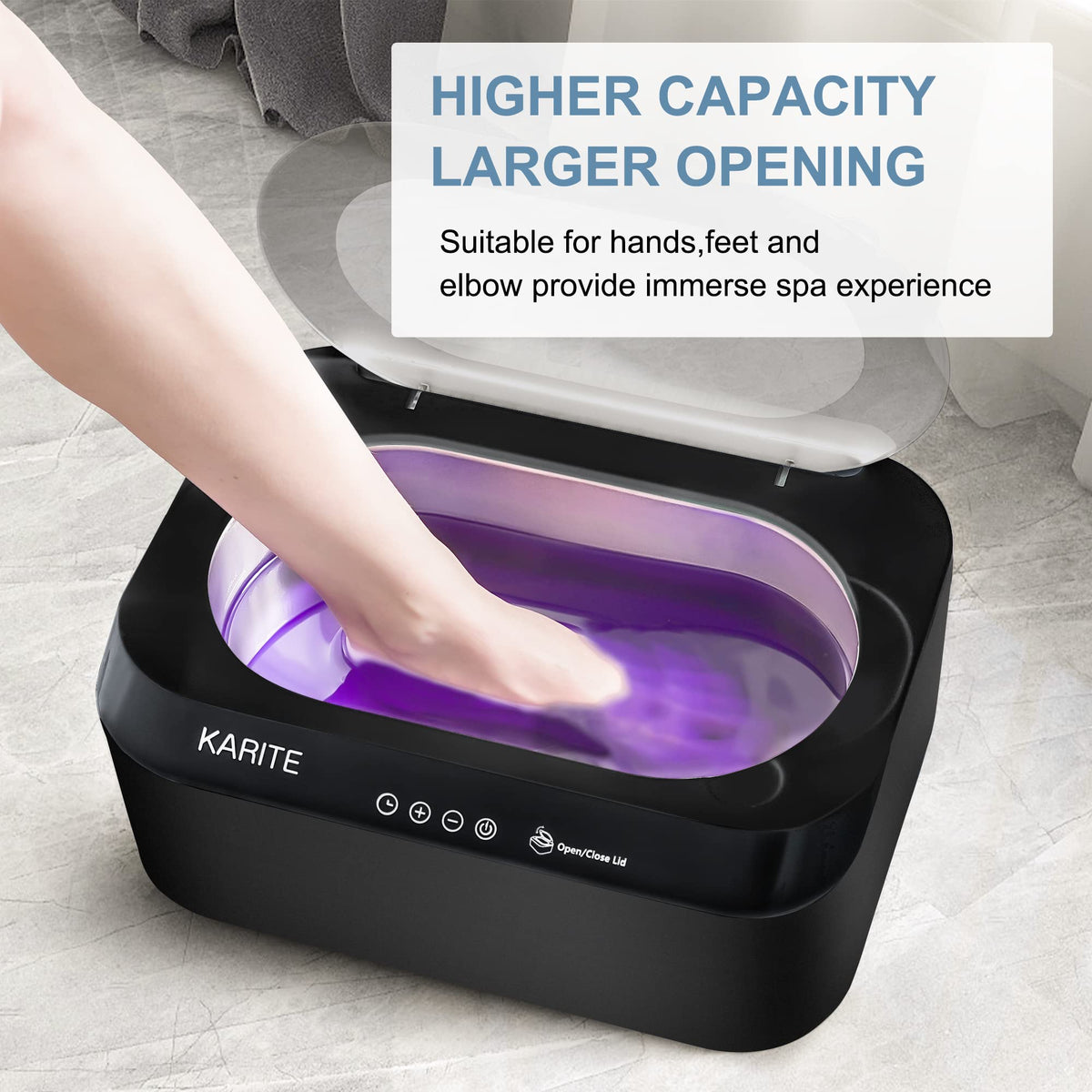 Karite hands soaking in melted wax illustrating soothing home spa comfort