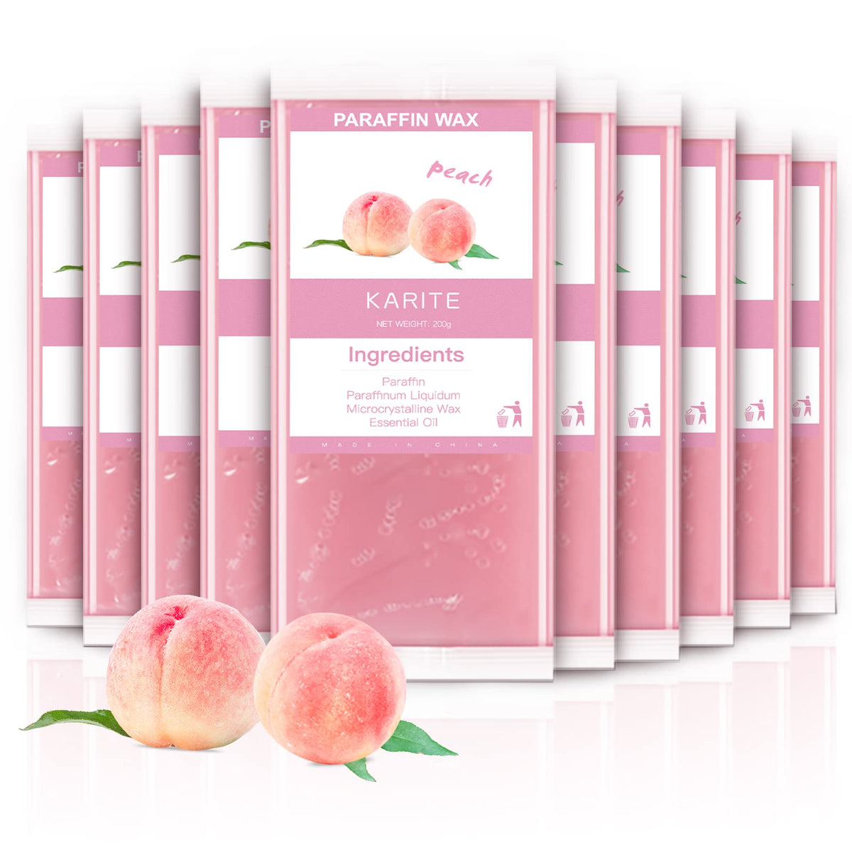 KARITE front packaging showing ten peach wax refill blocks for cost savings