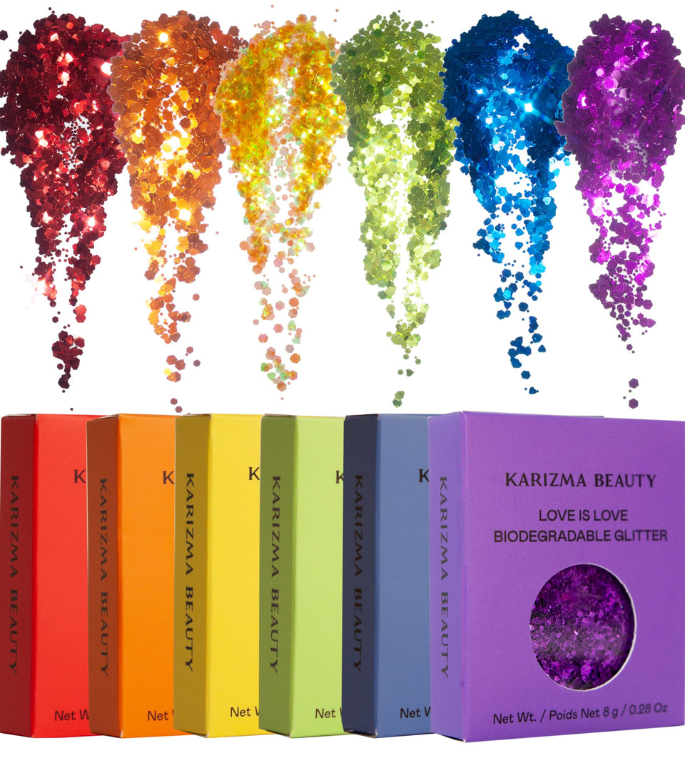 KARIZMA front packaging showing six rainbow glitter jars and branding for bold looks