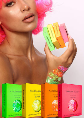 KARIZMA festival lifestyle shot of model wearing neon glitter for stage-ready glow