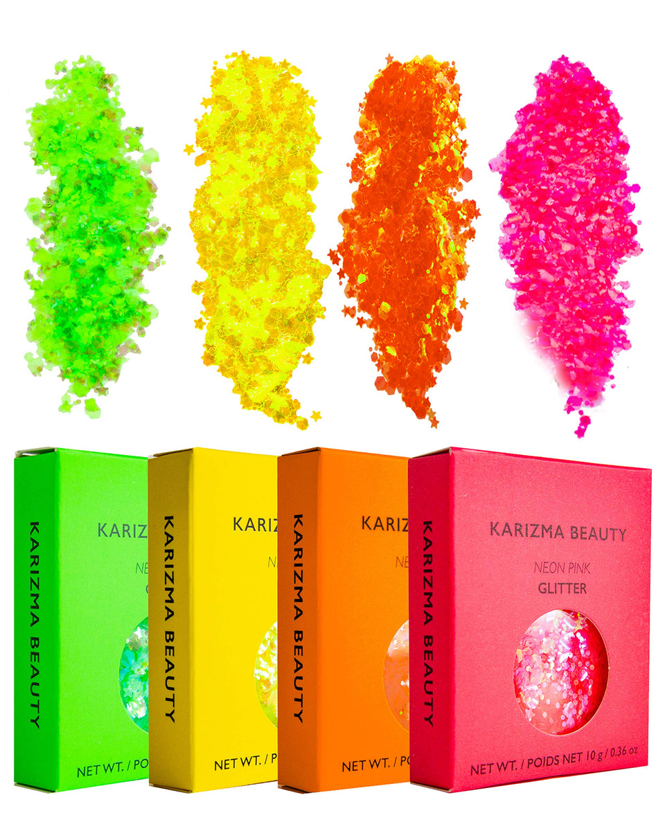 KARIZMA front packaging showing four neon glitter pots and bold colors