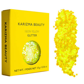 KARIZMA eye look with neon glitter applied for high-impact festival sparkle