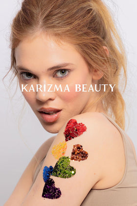 KARIZMA top view of six rainbow shades showing holographic sparkle for bright color