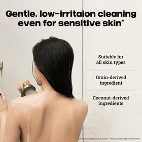 Karl&Häns bottle in shower scene illustrating daily refreshing cleanse