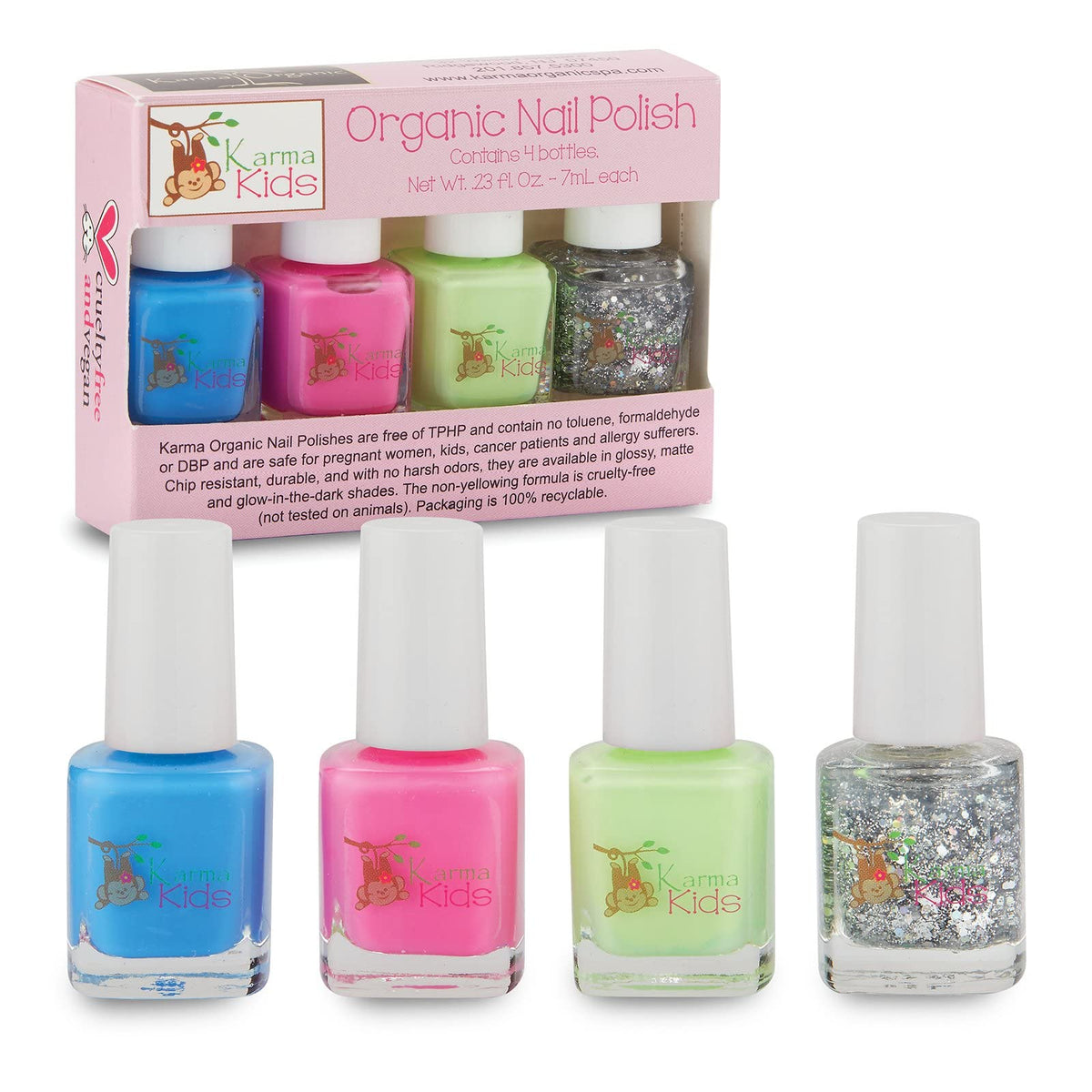 karma organic front packaging showing colorful nail polish bottles and eco-friendly box benefits