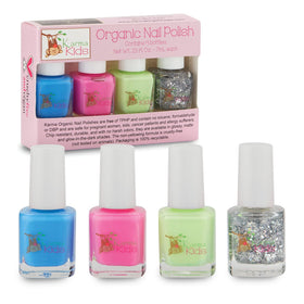 karma organic front packaging showing colorful nail polish bottles and eco-friendly box benefits