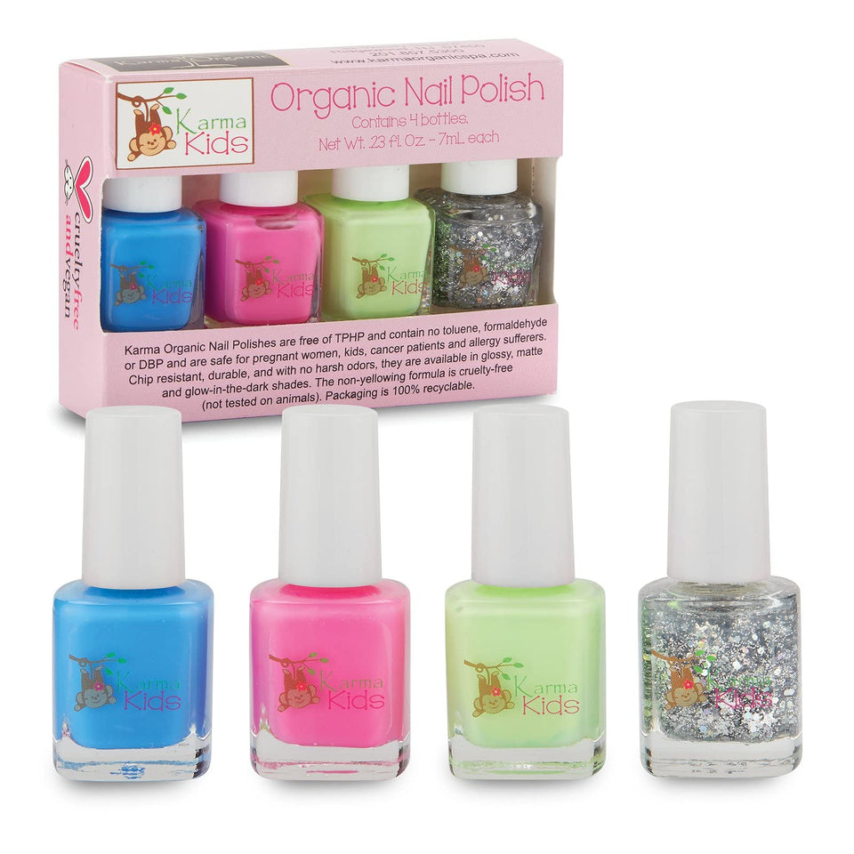 karma organic front packaging showing colorful nail polish bottles and eco-friendly box benefits